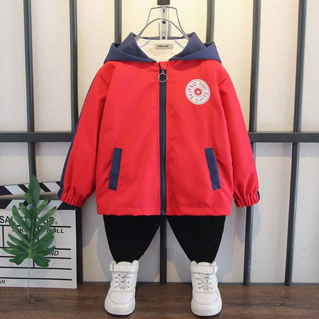 Boys Red Printed Hooded Bomber Jacket Coats & Jackets Red 3-4 Y