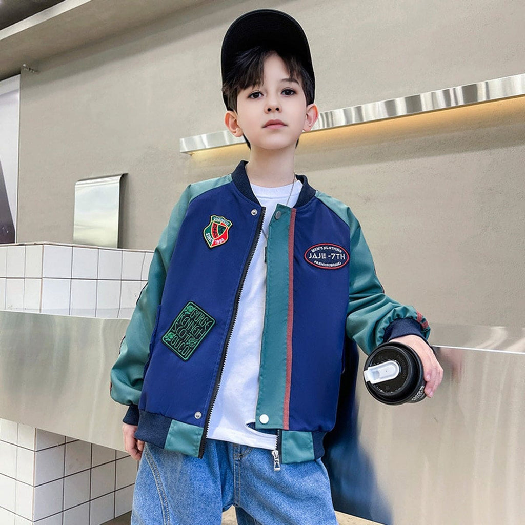 Boys Blue Patchwork Full Sleeves Bomber Jacket Coats & Jackets Blue 5-6 Y