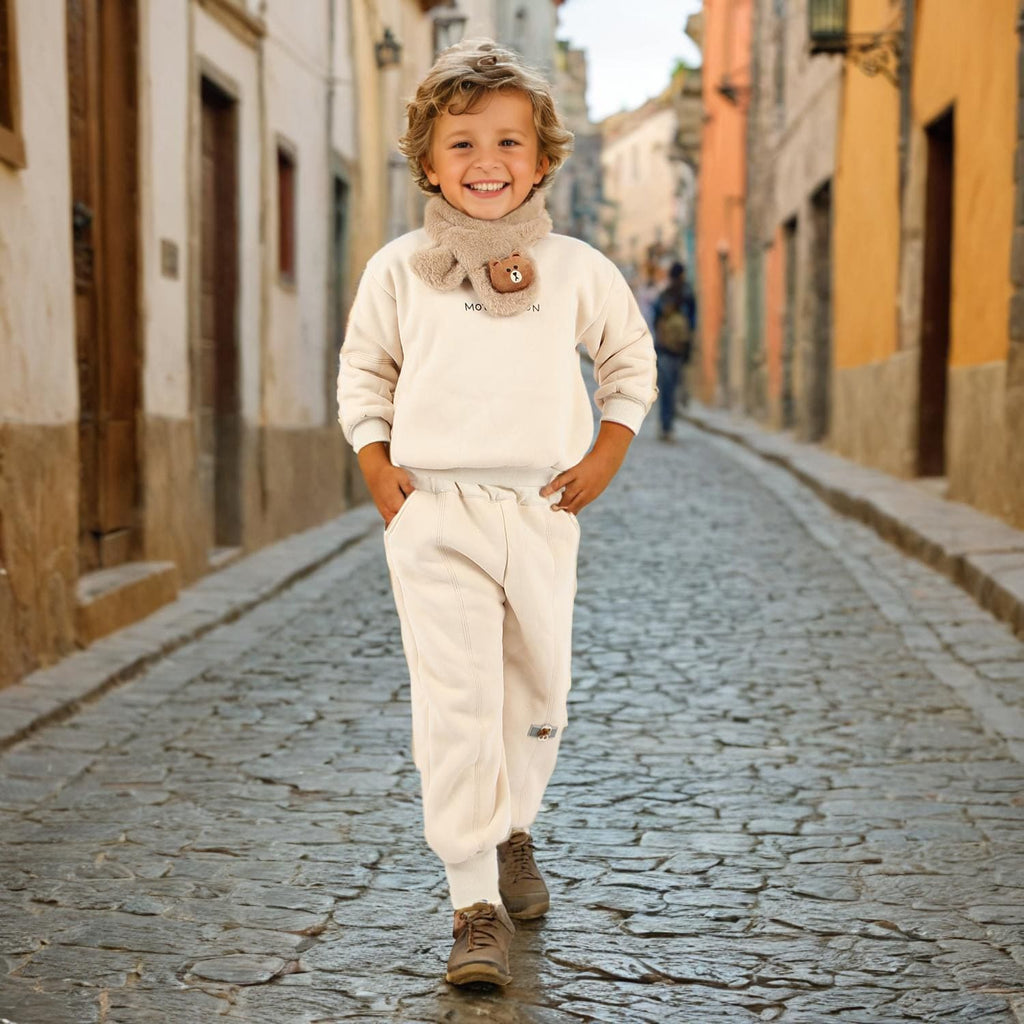 Boys Off White Sweatshirt with Faux Fur Muffler & Joggers Set Winterwear Sets Off White 1-2 Y 