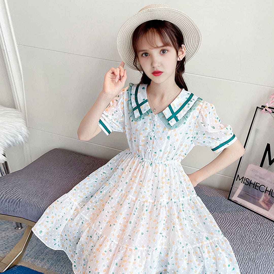 Girls Green Abstract Print Puff Sleeves Fit & Flare Dress Casual Dresses   