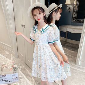 Girls Green Abstract Print Puff Sleeves Fit & Flare Dress Casual Dresses   