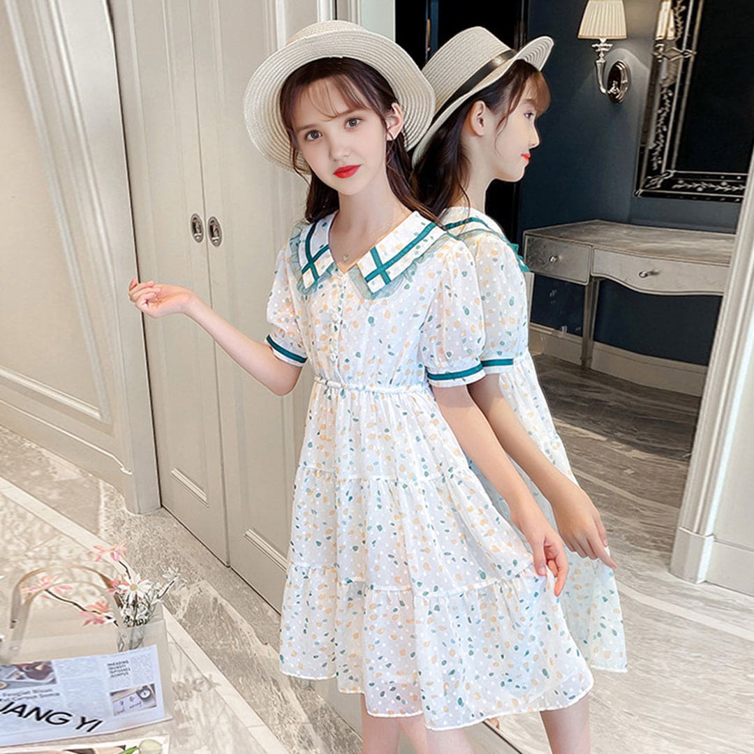 Girls Green Abstract Print Puff Sleeves Fit & Flare Dress Casual Dresses   