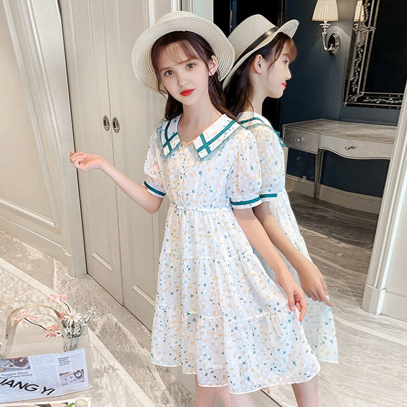 Girls Green Abstract Print Puff Sleeves Fit & Flare Dress Casual Dresses   