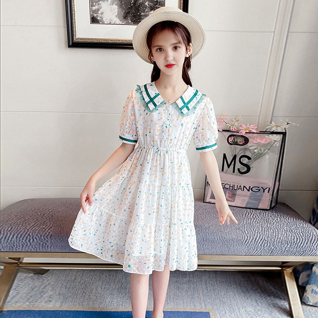 Girls Green Abstract Print Puff Sleeves Fit & Flare Dress Casual Dresses   