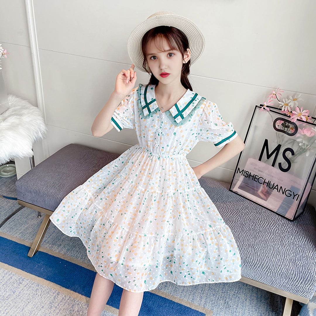 Girls Green Abstract Print Puff Sleeves Fit & Flare Dress Casual Dresses   