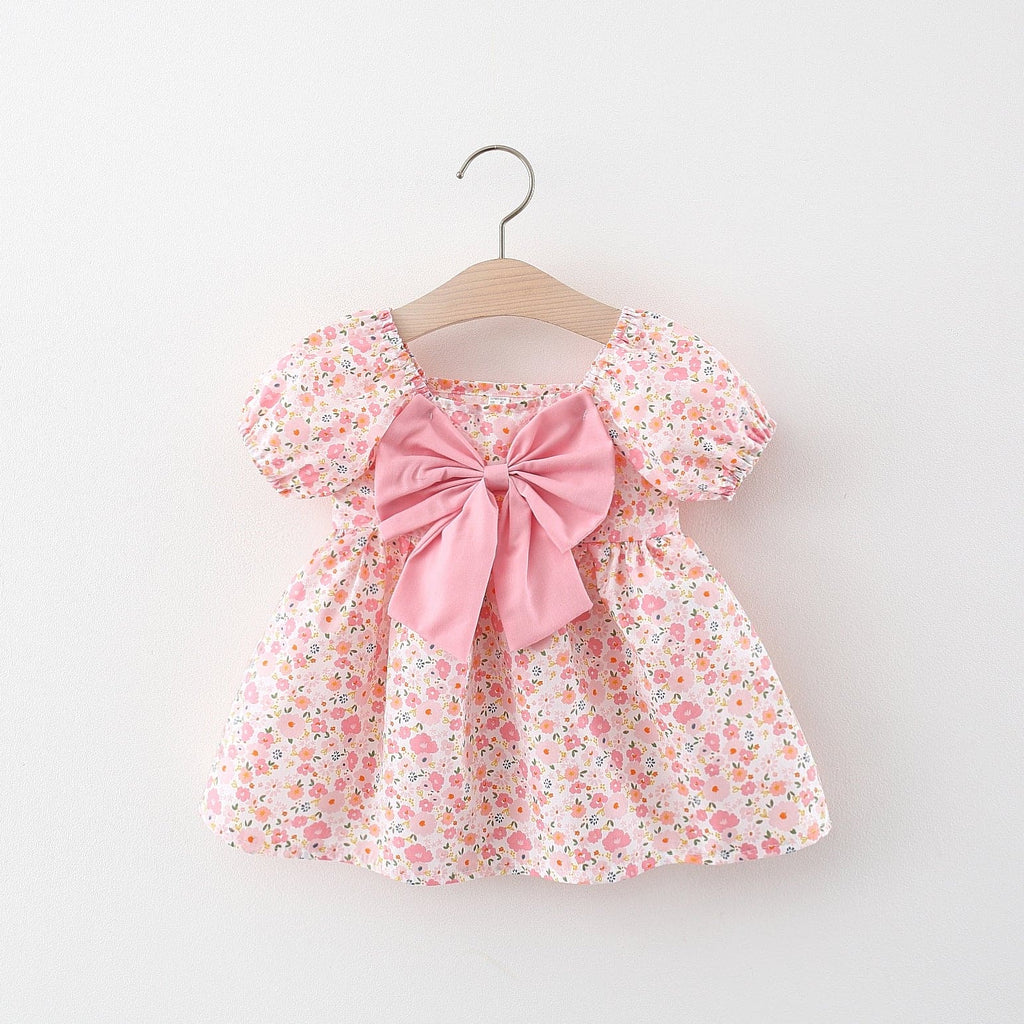 Girls Pink Floral Print Bow Applique Fit & Flare Dress Casual Dresses Pink 1-2 Y 