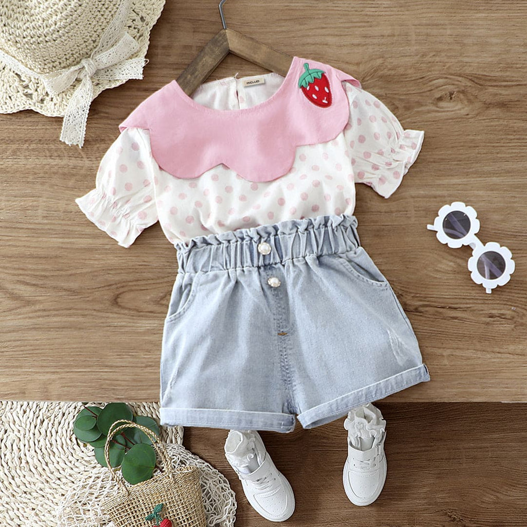 Girls Pink Short Sleeve Polka Dot Print Top With Denims Shorts Sets Pink 1-2 Y 