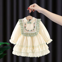 Girls Off White Long Sleeve Flower Embroidery Dress Casual Dresses