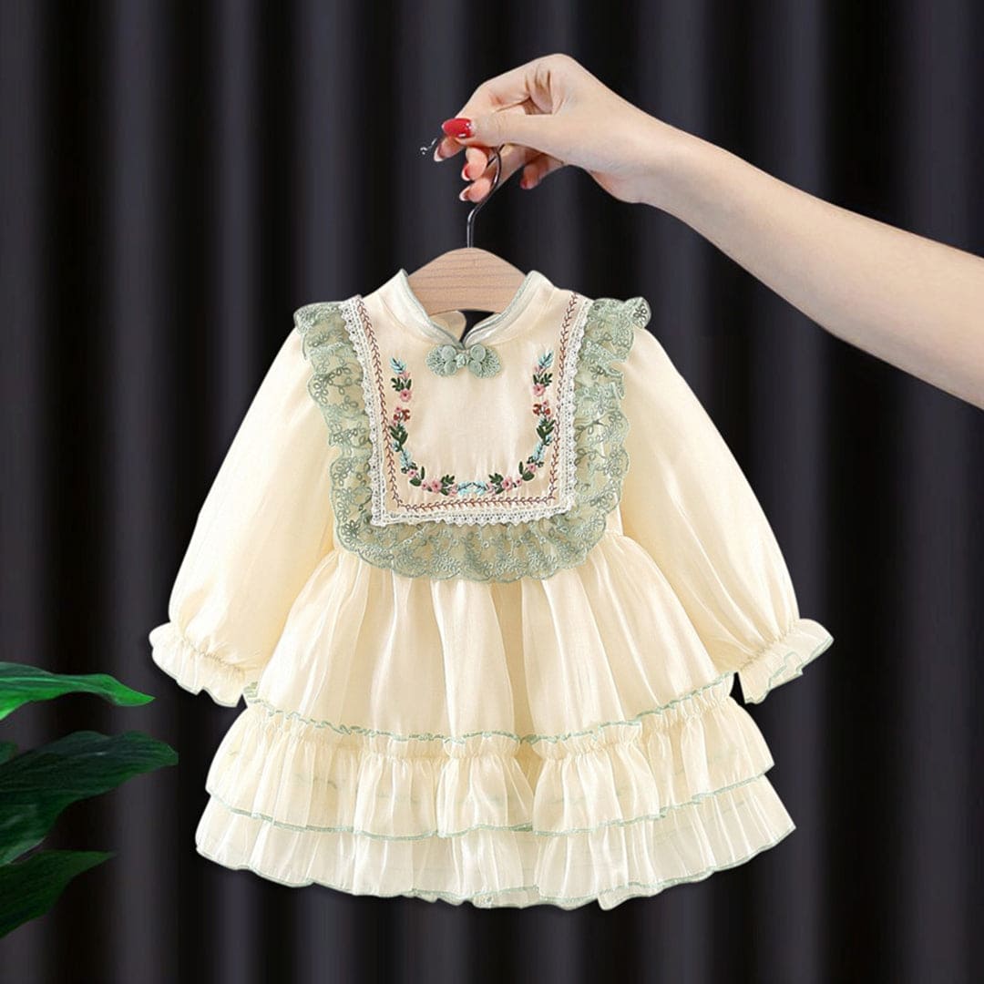 Girls Off White Long Sleeve Flower Embroidery Dress Casual Dresses