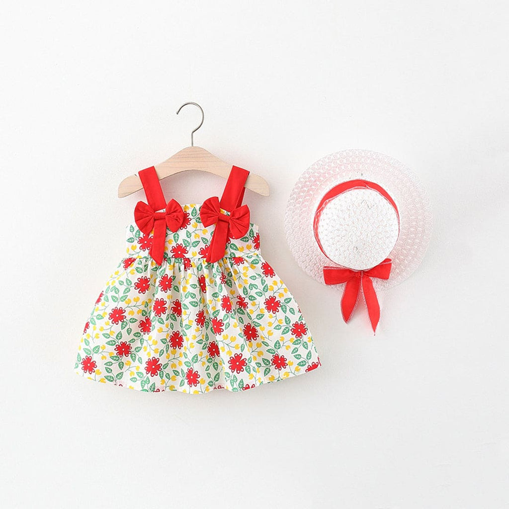 Girls Red Floral Print Fit & Flare Dress with Hat Casual Dresses Red 1-2 Y 