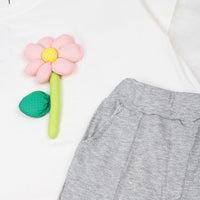 Girls Flower Applique White Short Sleeve T-Shirt With Knitted Pants 2 pc. Sets