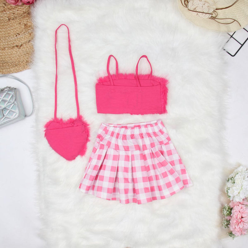 Girls Fuchsia Crop Top with Skirt & Sling Bag Sets