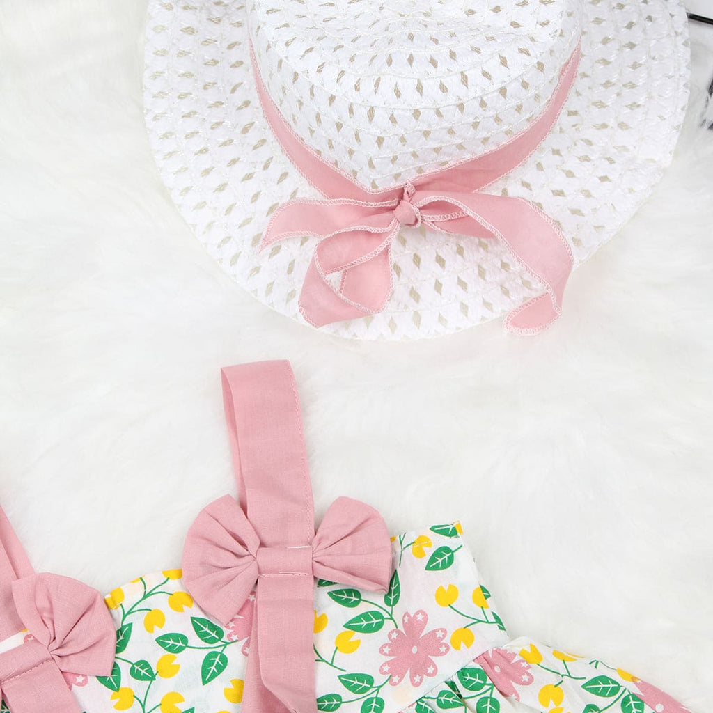 Girls Pink Floral Print Fit & Flare Dress with Hat Casual Dresses