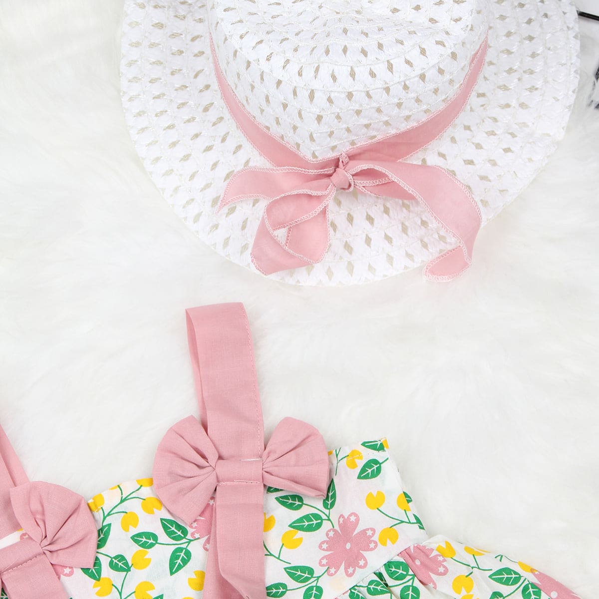 Girls Pink Floral Print Fit & Flare Dress with Hat Casual Dresses