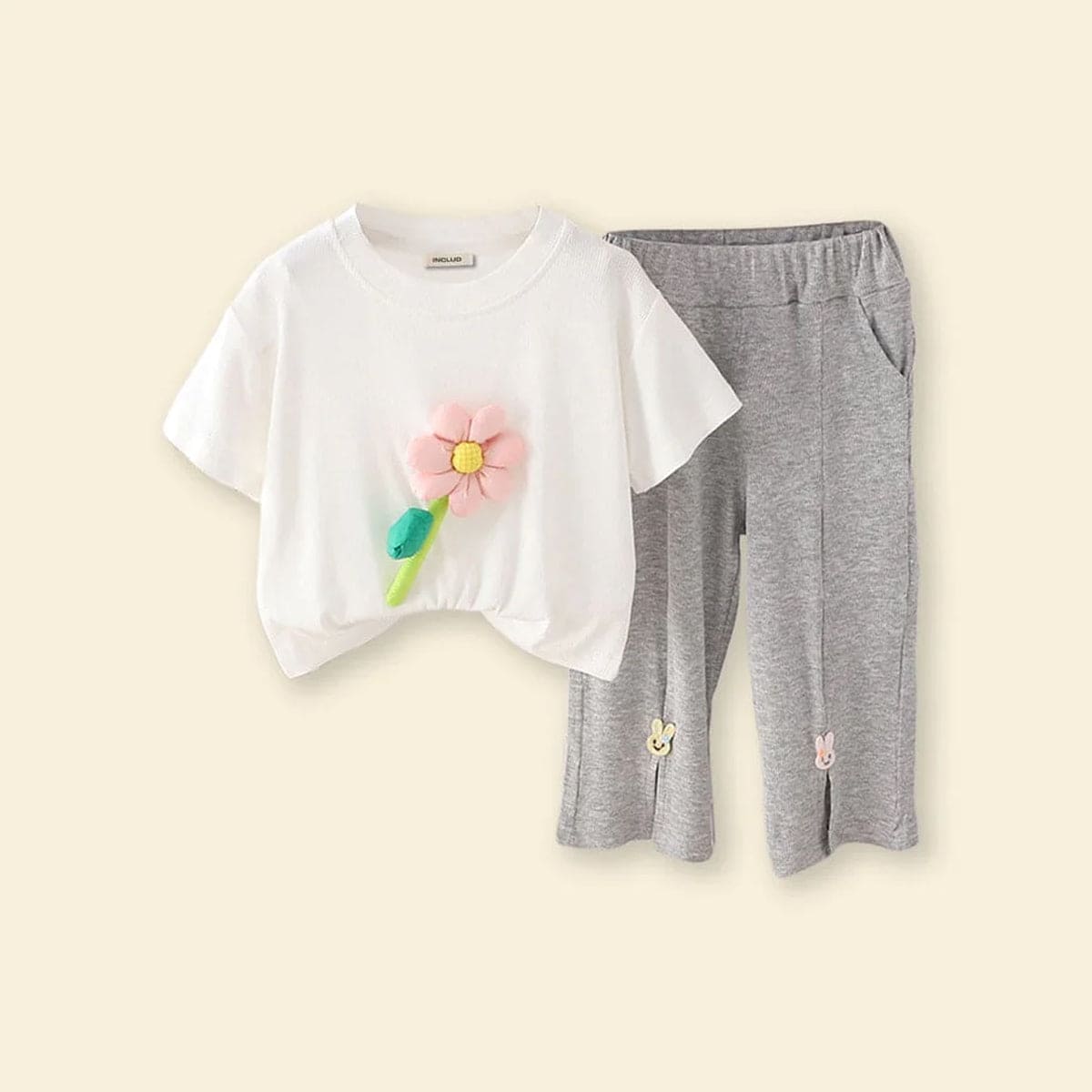 Girls Flower Applique White Short Sleeve T-Shirt With Knitted Pants 2 pc. Sets