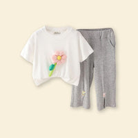 Girls Flower Applique White Short Sleeve T-Shirt With Knitted Pants 2 pc. Sets