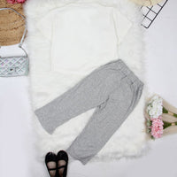 Girls Flower Applique White Short Sleeve T-Shirt With Knitted Pants 2 pc. Sets