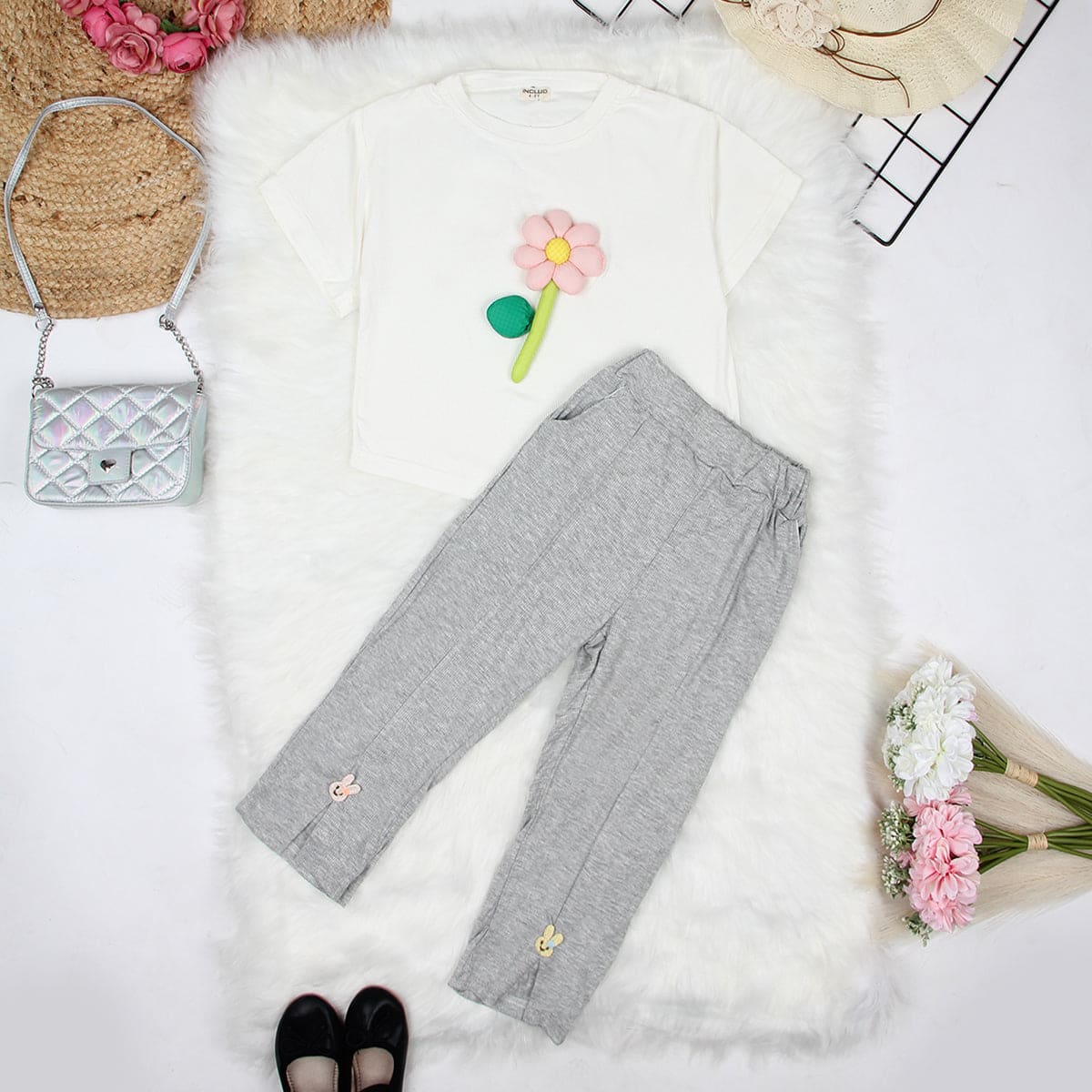 Girls Flower Applique White Short Sleeve T-Shirt With Knitted Pants 2 pc. Sets White 1-2 Y