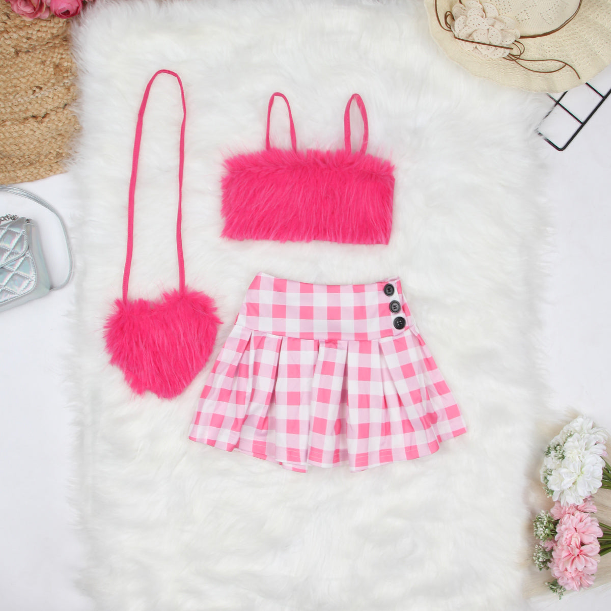Girls Fuchsia Crop Top with Skirt & Sling Bag Sets