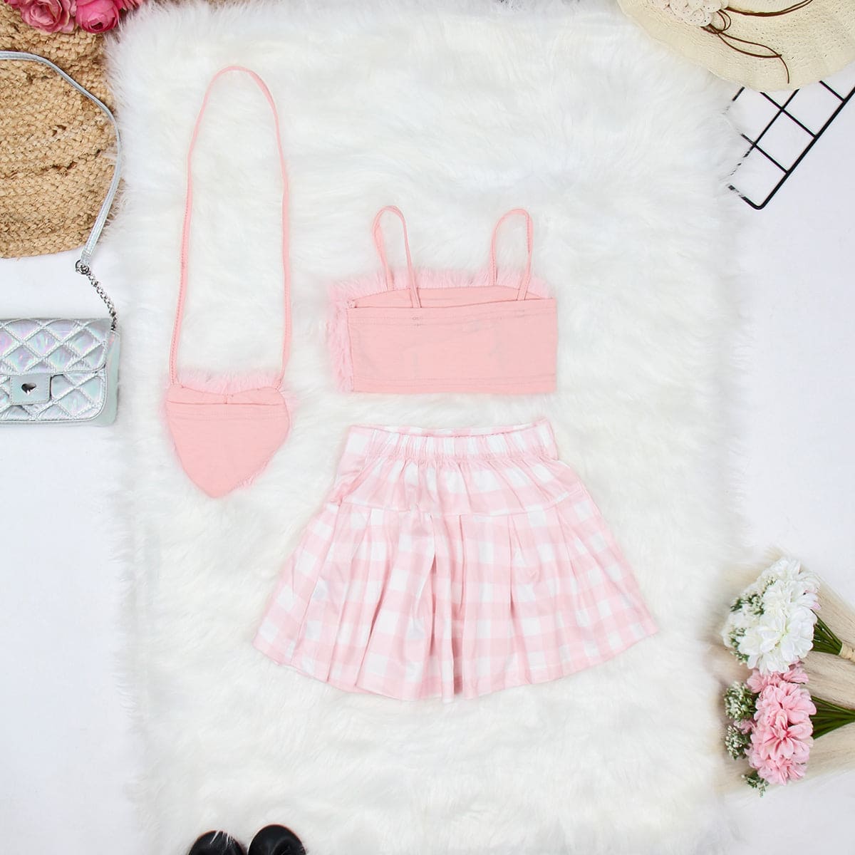 Girls Pink Crop Top with Skirt & Sling Bag Sets