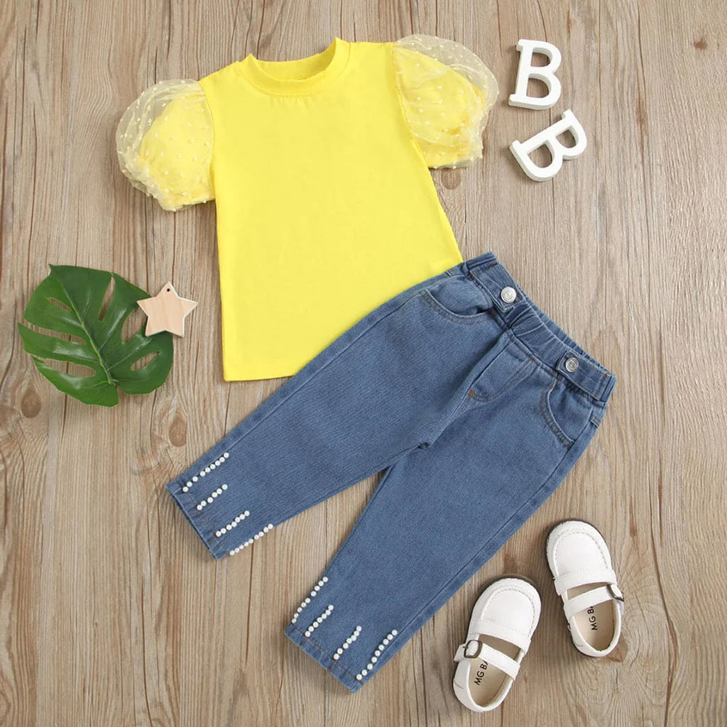 Girls Yellow Short Sleeve Top With Denim Pants Set (Copy) Sets Yellow 1-2 Y