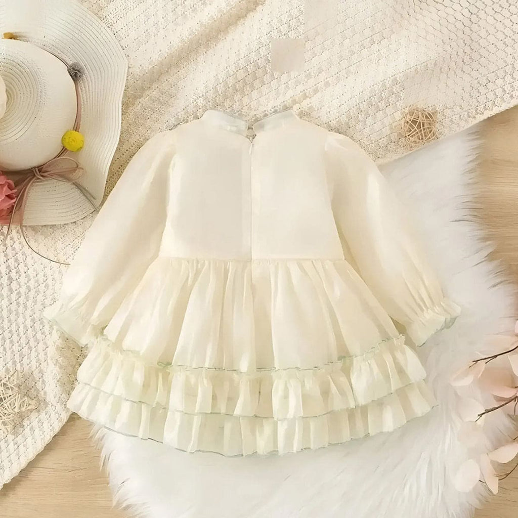 Girls Off White Long Sleeve Flower Embroidery Dress Casual Dresses