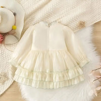 Girls Off White Long Sleeve Flower Embroidery Dress Casual Dresses