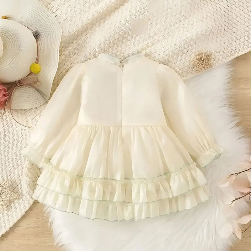 Girls Off White Long Sleeve Flower Embroidery Dress Casual Dresses