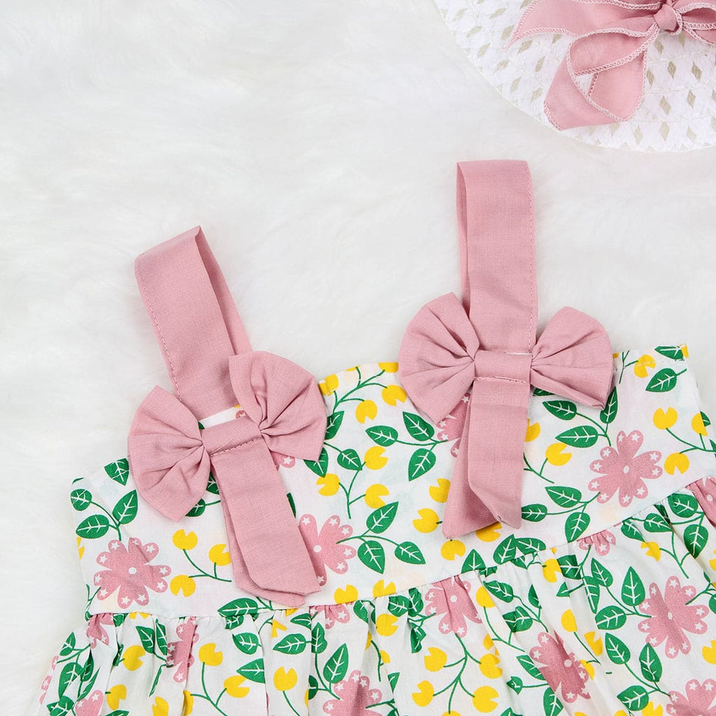 Girls Pink Floral Print Fit & Flare Dress with Hat Casual Dresses