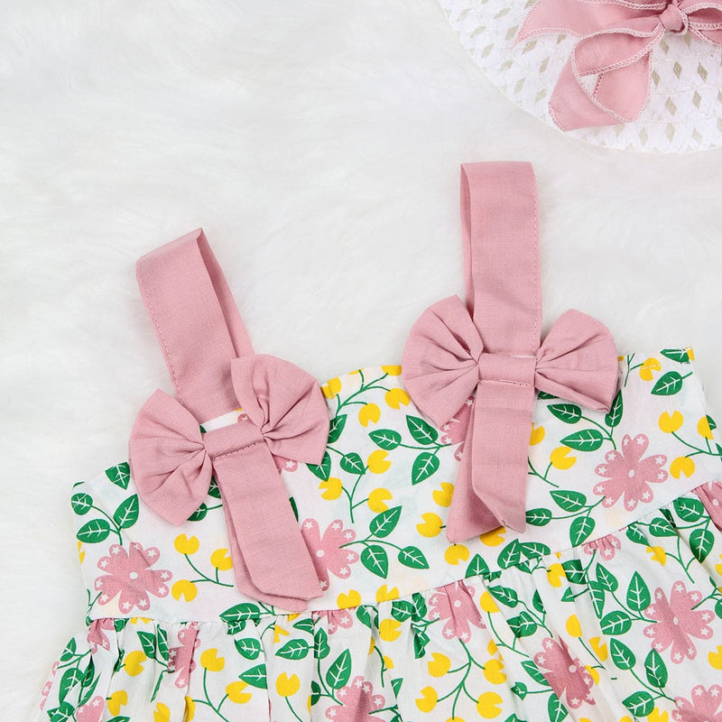 Girls Pink Floral Print Fit & Flare Dress with Hat Casual Dresses