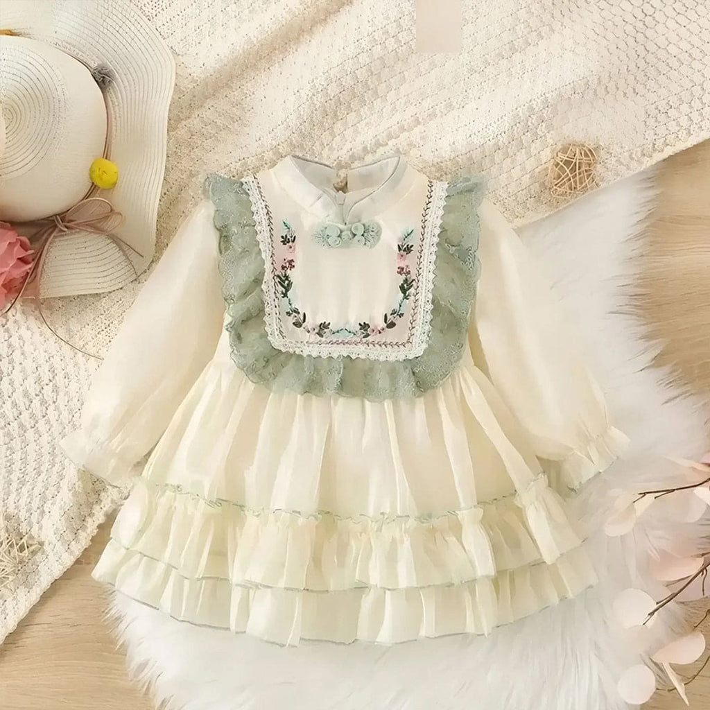 Girls Off White Long Sleeve Flower Embroidery Dress Casual Dresses Off White 1-2 Y