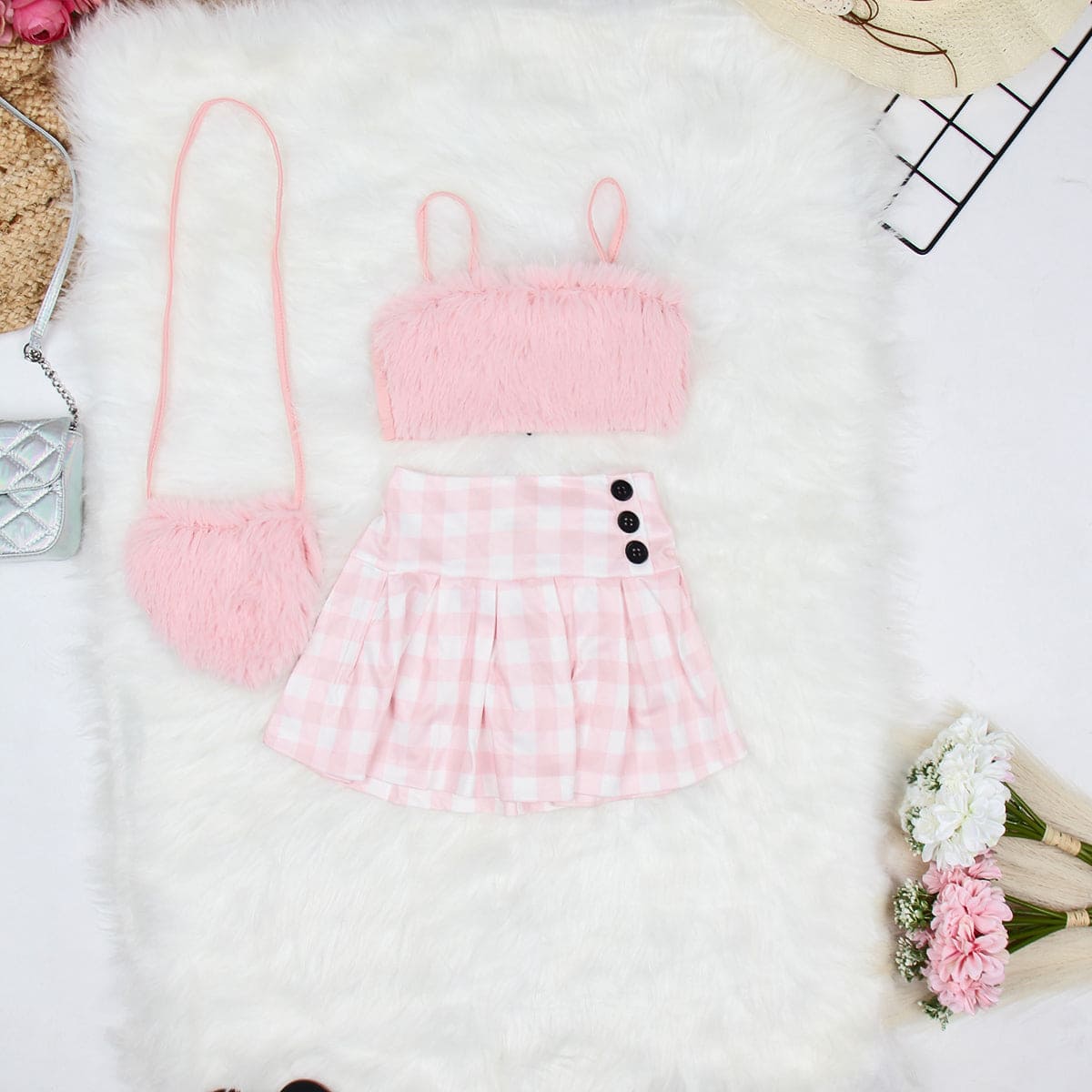 Girls Pink Crop Top with Skirt & Sling Bag Sets