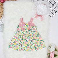 Girls Pink Floral Print Fit & Flare Dress with Hat Casual Dresses