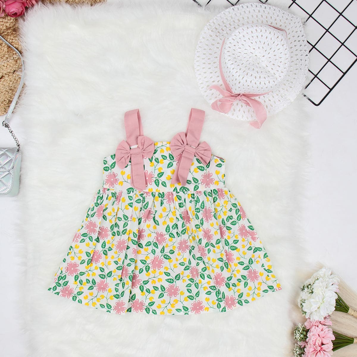Girls Pink Floral Print Fit & Flare Dress with Hat Casual Dresses
