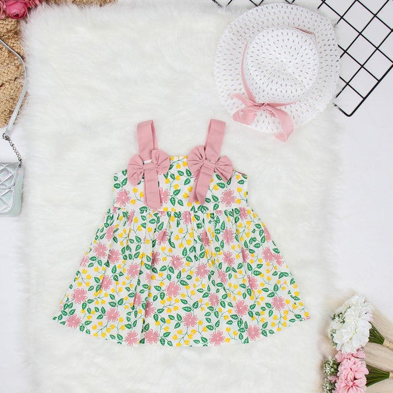 Girls Pink Floral Print Fit & Flare Dress with Hat Casual Dresses