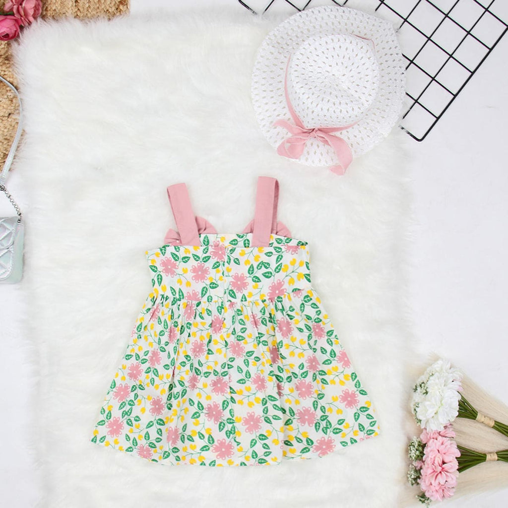 Girls Pink Floral Print Fit & Flare Dress with Hat Casual Dresses