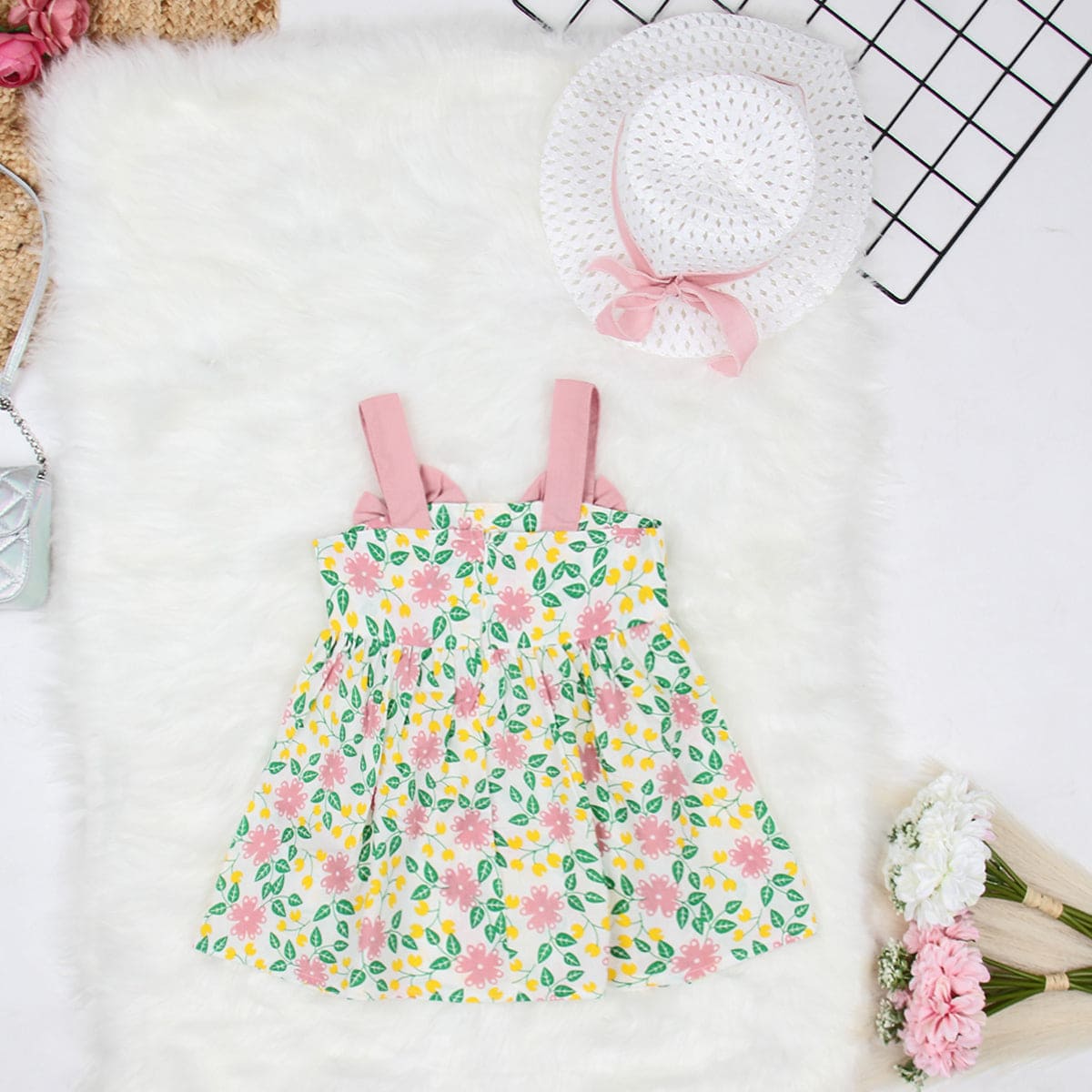 Girls Pink Floral Print Fit & Flare Dress with Hat Casual Dresses
