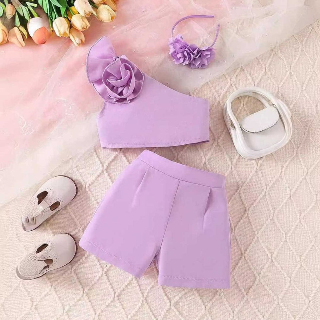 Girls Purple One Shoulder Flower Applique Top With Shorts & Hairband Set 3 pc. Sets Purple 1-2 Y