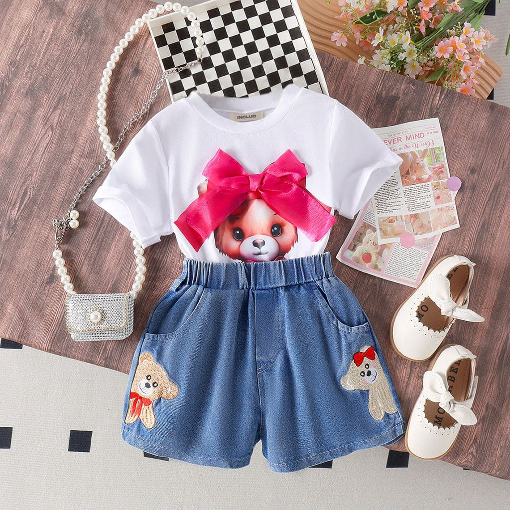 Girls Cartoon Graphic T-Shirt With Embroidered Denim shorts Set Sets White 4-5 Y 