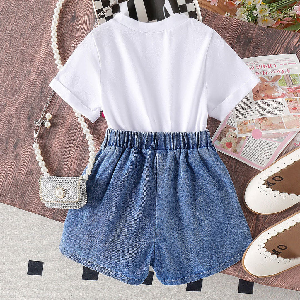 Girls Cartoon Graphic T-Shirt With Embroidered Denim shorts Set Sets   