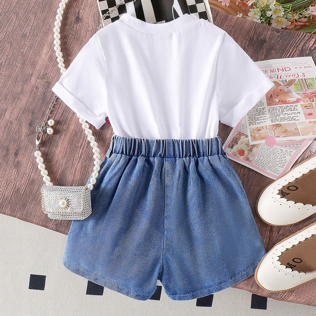 Girls Cartoon Graphic T-Shirt With Embroidered Denim shorts Set Sets   