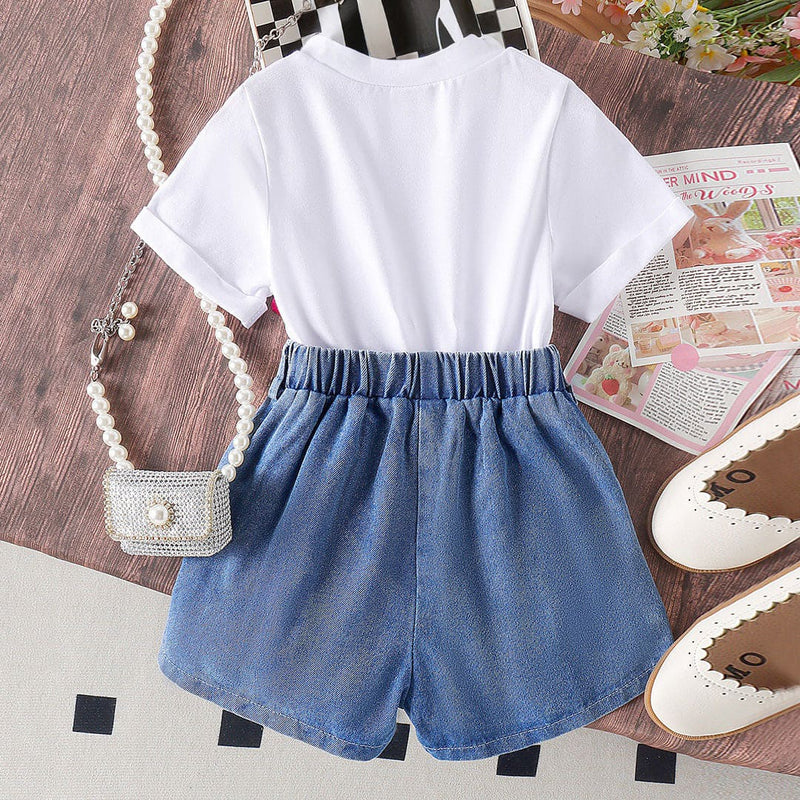 Girls Cartoon Graphic T-Shirt With Embroidered Denim shorts Set Sets   