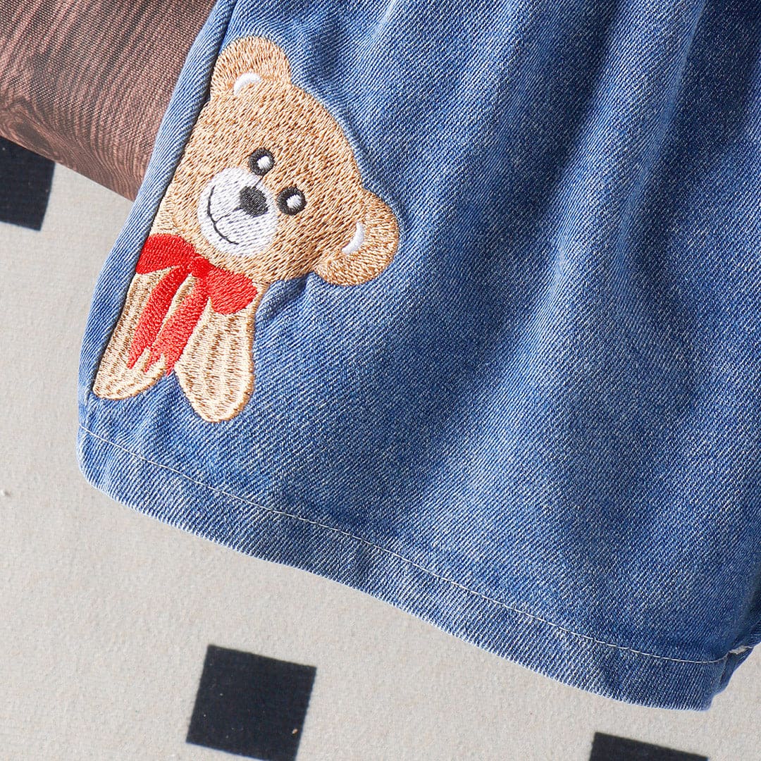Girls Cartoon Graphic T-Shirt With Embroidered Denim shorts Set Sets   