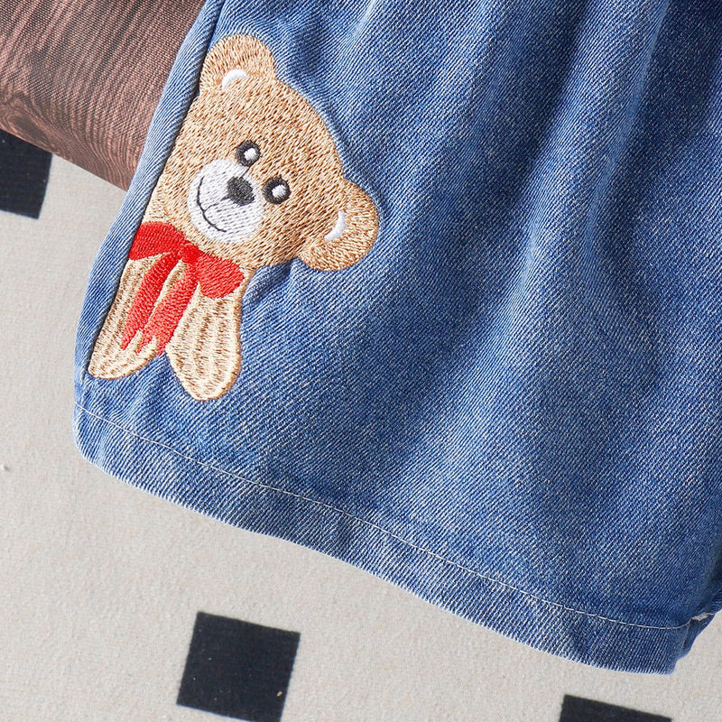 Girls Cartoon Graphic T-Shirt With Embroidered Denim shorts Set Sets   