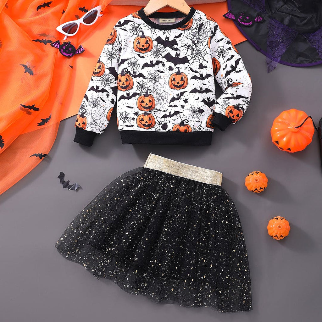 Girls Black Halloween Printed Sweatshirt With Skirt Set Sets Black 3-4 Y 