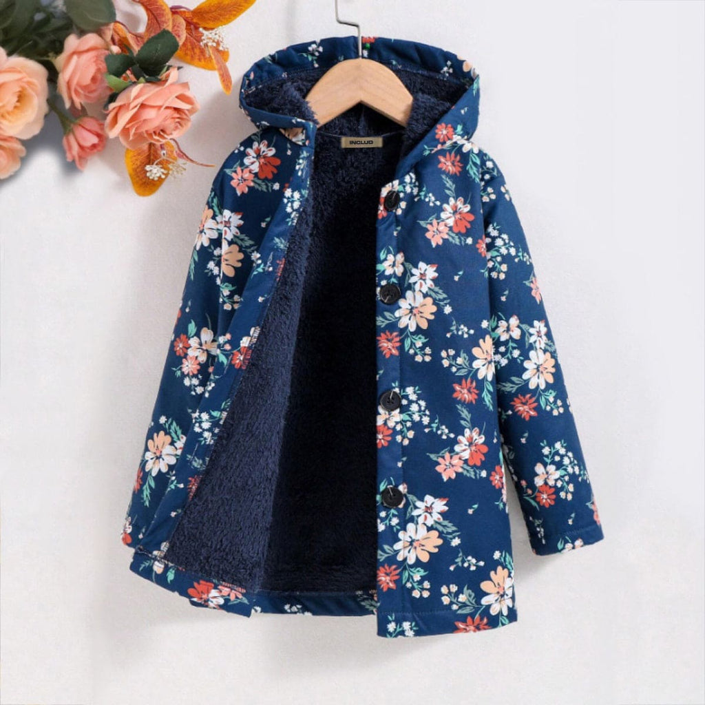 Girls Dark Blue Floral Print Hooded Fleeced Lined Jacket Coats & Jackets Dark Blue 4-5 Y