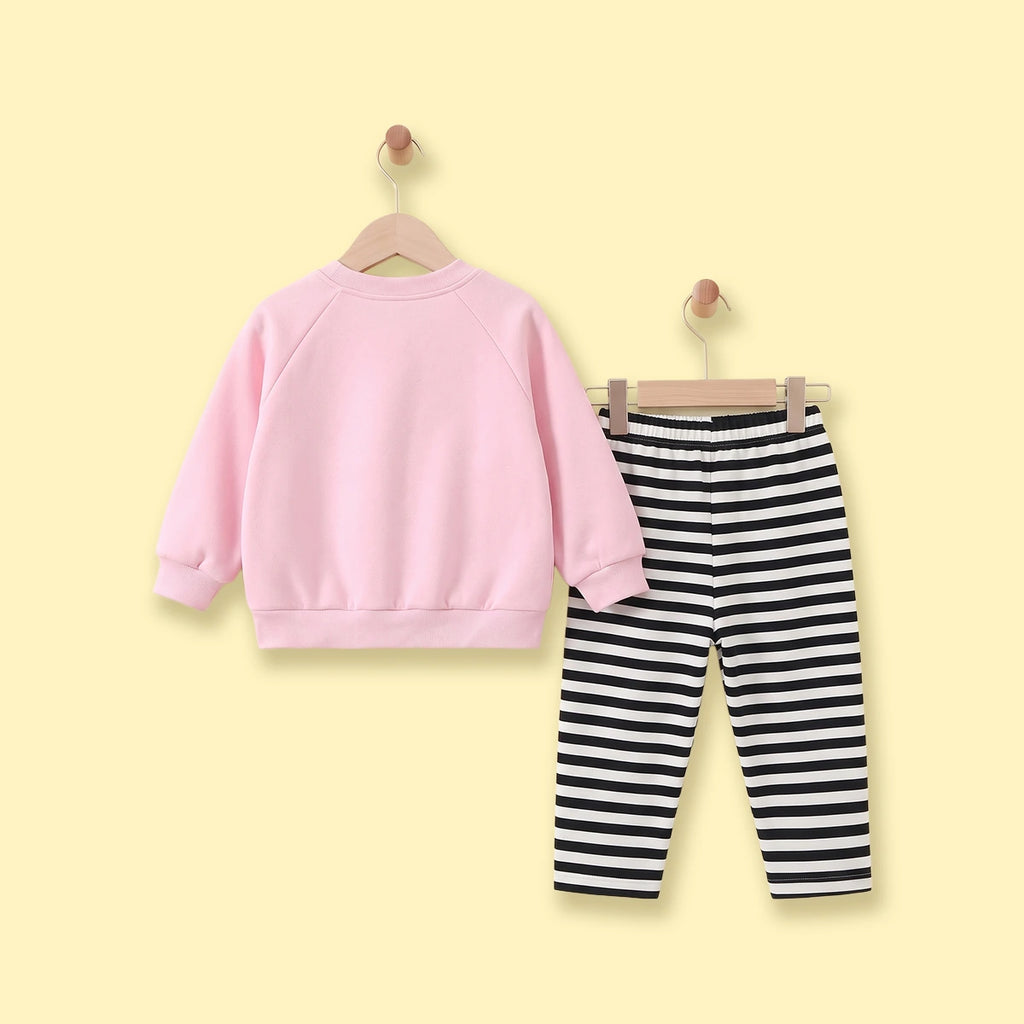 Girls Pink Graphic Sweatshirt With Striped Pants Sets Sets