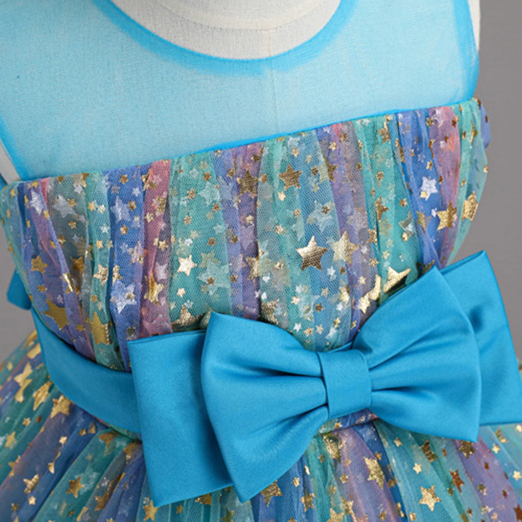 Girls Blue Star Foil Print Sleeveless Fit & Flare Party Wear Dress Party Dresses