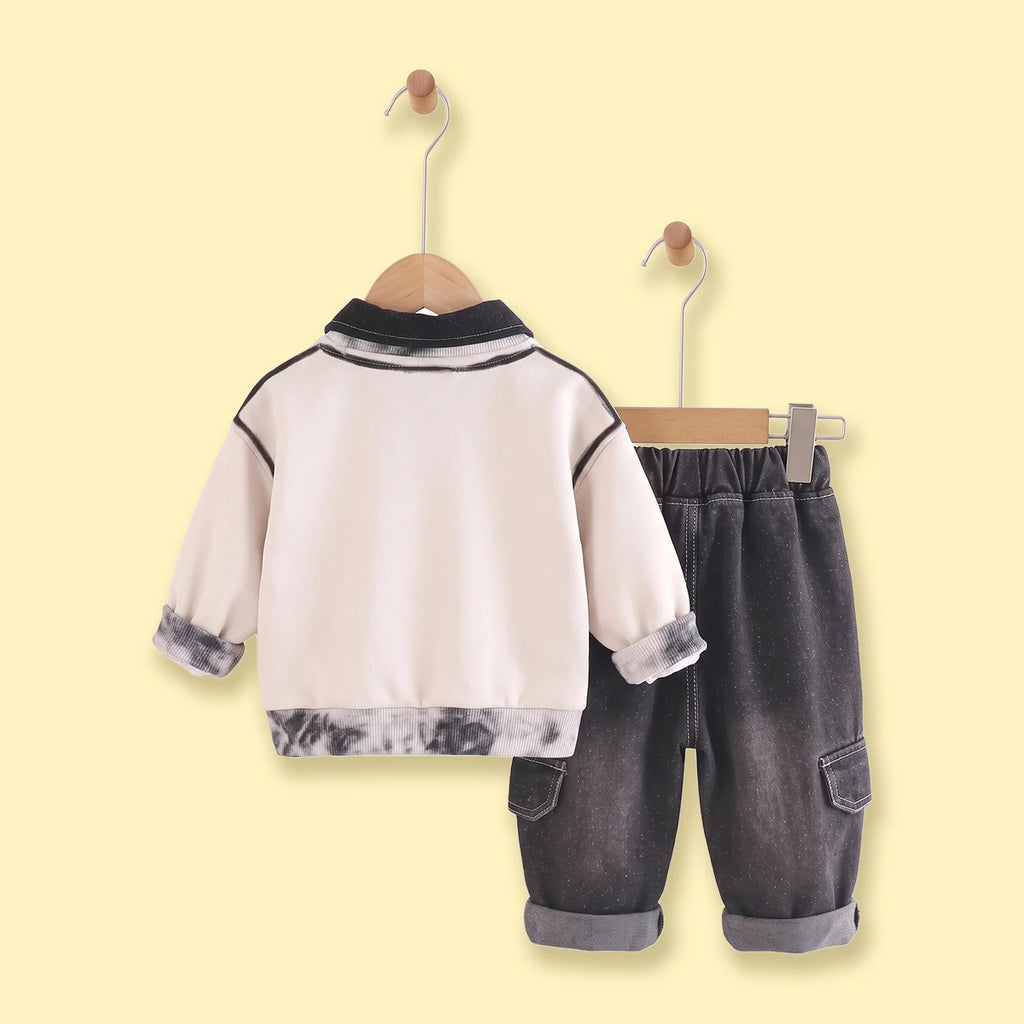 Boys Apricot Typographic Polo Sweatshirt & Denim Pants Sets Sets