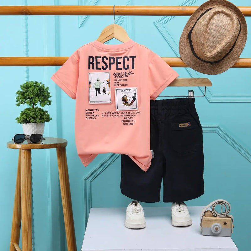 Boys Peach Typographic T-Shirt With Elasticated Shorts Sets 2 pc. Sets